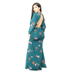 NWT Boutique Floral V Neck Surplice Open Back Side Slit Rushed Maxi Dress Medium